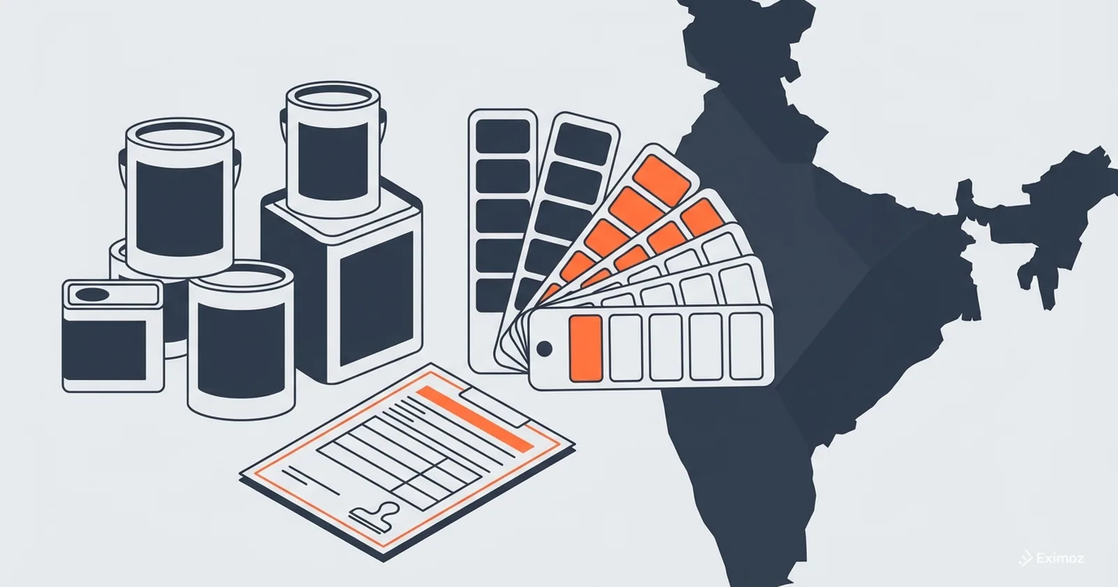 HSN code for paint in India — Flat vector illustration showing paint cans, colour swatches, and a customs document with a silhouette of the India map.