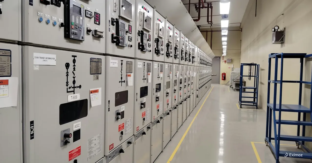 Industrial electrical control room with organised circuit breaker cabinets and control panels representing HSN classification of electrical items in India