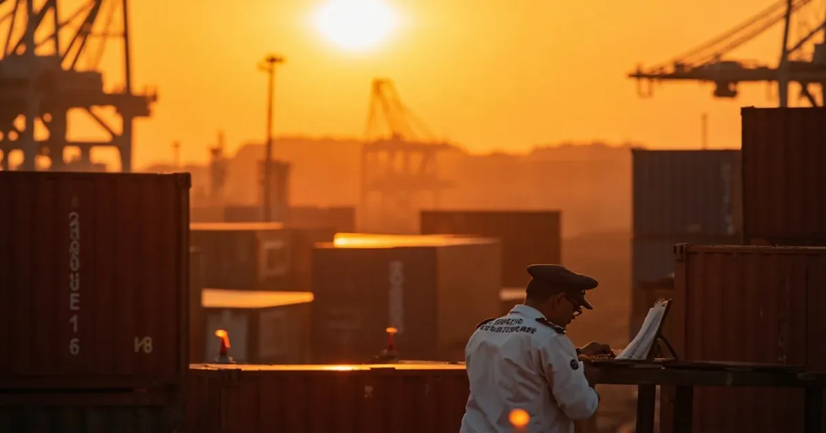 Indian port with cargo containers at golden hour — customs trade compliance