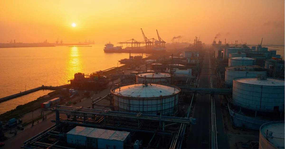 Industrial petrochemical storage tanks at an Indian port with cargo ships in the background