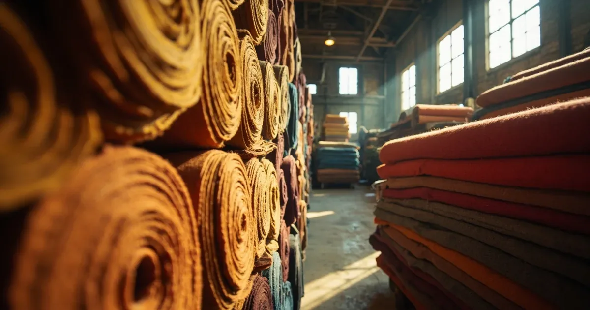 Textile fabric rolls and bolts stacked in a warehouse with warm natural lighting — woven cotton, silk, and man-made filament fabrics for Indian import trade
